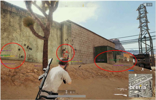 블루홀의 PC 온라인 슈팅게임 '플레이어언노운스 배틀그라운드'에서 ESP 핵을 사용한 화면. 생존에 유리한 아이템의 위치와 상대방의 위치가 게임 화면에 표시되고 있다. 게임물관리위원회 제공